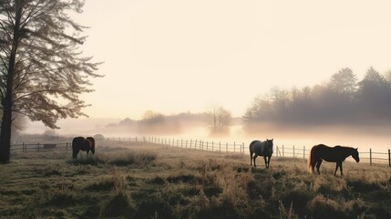 Horses grazing in pasture on a cold morning at sunrise