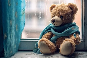 Depressed toy bear by window with blue blanket. Generative AI