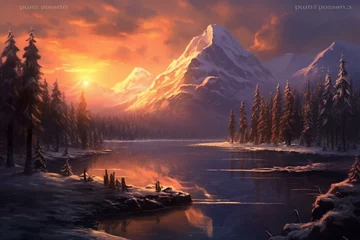 Rolgordijnen Peaceful winter landscape featuring a serene lake surrounded by majestic mountains. Generative AI © Sirius