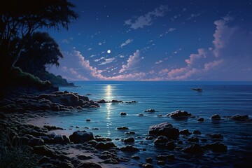 Moonlit serene scene reflects on calm ocean. Generative AI