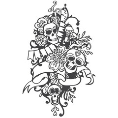 Black and white skulls sketch, calavera Catrina, el dia de los muertos vector illustration