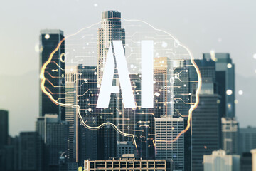 Virtual creative artificial Intelligence hologram with human brain sketch on Los Angeles skyline background. Multiexposure