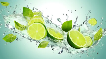 Mojito drink wave splash with lime ice cubes water
