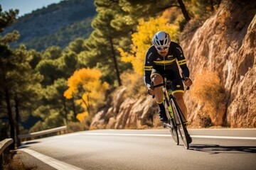 Naklejka premium Close-up of cyclist taking lead on mountain climb Shot of a male cyclist using her phone while standing on a mountain road