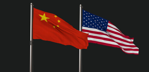 USA and Chine Flag, Flag waving on dark background. 3D Design.