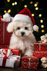 Bichon Frise puppy in Santa outfit amidst holiday teddy bears spreading Christmas joy 