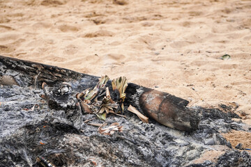 People burns waste on the beach and makes a lot of smoke which can cause air pollution. Concept for environmental damage, global warming, bad air quality, smog, climate change, ozone hole.