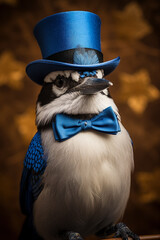 Blue Jay bird flaunts top hat and holiday bow tie for New Year 