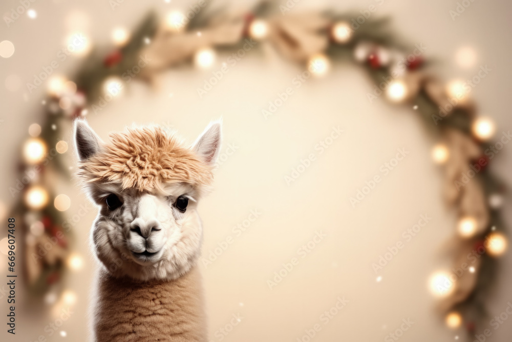 Poster christmas alpaca with festive ornaments and wreath background with empty space for text