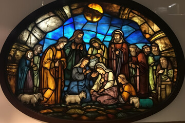 Stained glass window with motifs of the nativity of Jesus. Generative AI.