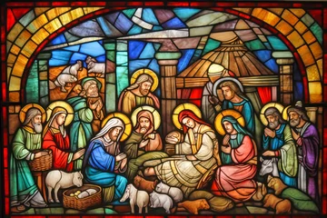 Papier peint Coloré Stained glass window with motifs of the nativity of Jesus. Generative AI.
