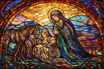 Stained glass window with motifs of the nativity of Jesus. Generative AI.