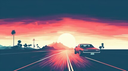 Summer vibes 80s style with a car going to the city - obrazy, fototapety, plakaty