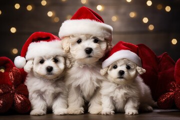 Christmas Bichon Frise puppy in Santa outfit among teddy bears background with empty space for text 