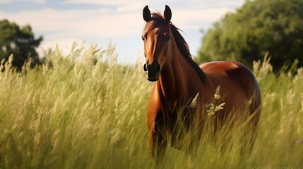 Portrait of a bay horse in the tall grass in the summer