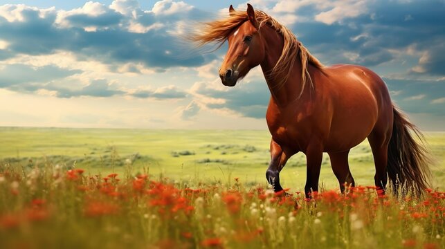 Red horse with long mane in flower field against sky