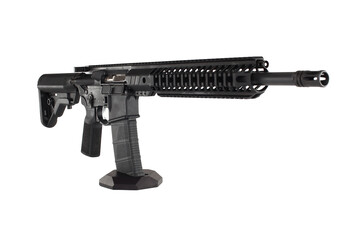 AR15 carbine, modern automatic black rifle isolated on white background. Weapons for police,...