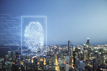 Abstract virtual fingerprint hologram on Chicago skyline background. Multiexposure