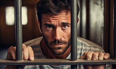 Photo of a man behind prison bars, staring directly at the camera - obrazy, fototapety, plakaty