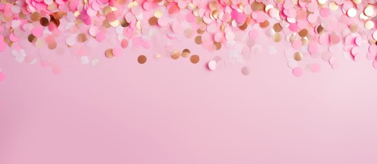 Pink festive flat lay with confetti and sparkles Vertical photo