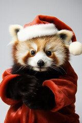 Christmas Red Panda clutching a mistletoe adorned Santa hat isolated on a white background 