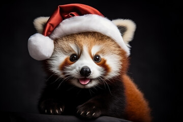 Christmas Red Panda wearing baby Santa hat with mistletoe isolated on a gradient background 