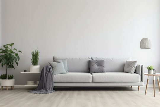 Modern living space with grey sofa against white wall background. Generative AI