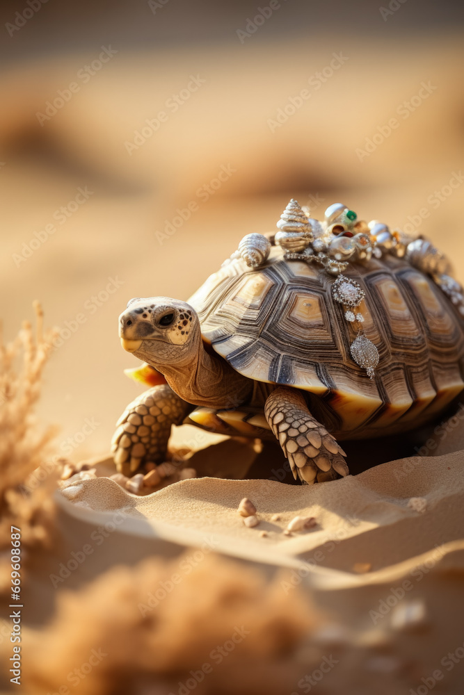 Poster christmas tortoise carrying miniature nativity scene on shell background with empty space for text