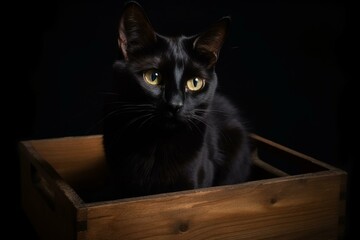 Young black cat sitting in a wooden tray, facing the camera, with a transparent background. Generative AI