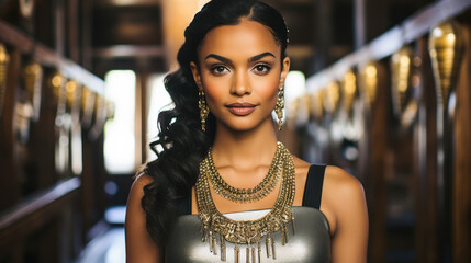 Stunning Close-Up Portrait of Black Woman in High-Collar Dress and Fine Jewelry - Luxury Campaign