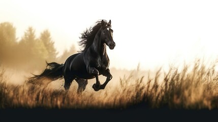 running black horse Warmblood at morning field - obrazy, fototapety, plakaty