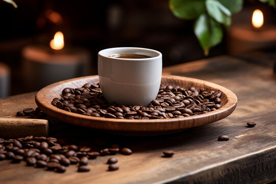 A Cup of coffee on Wooden Table 