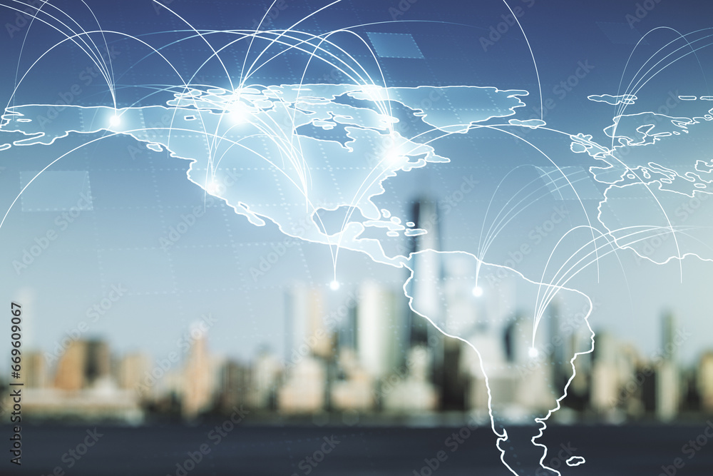 Poster double exposure of abstract digital world map hologram with connections on blurry office buildings b
