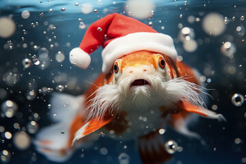 Koi fish sporting miniature Santa hat epitomizing Christmas serenity on water surface 