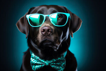 Labrador Retriever sports glow-in-the-dark 2023 glasses and bright holiday bow tie 