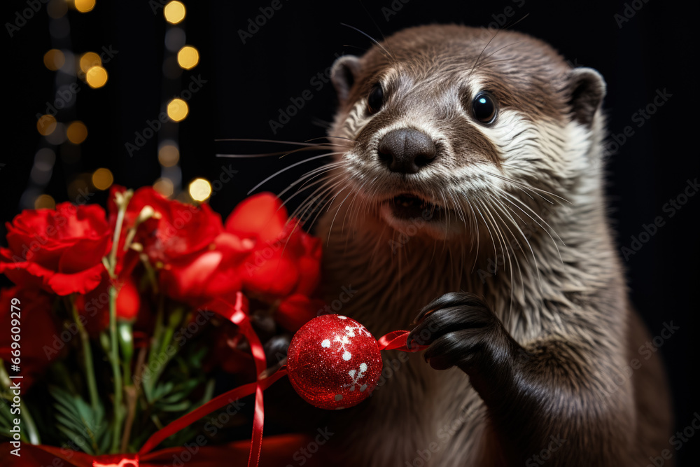 Aufkleber new years otter playfully interacting with christmas bauble background with empty space for text