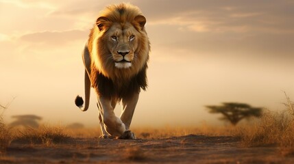 Male lion walking if african landscape - obrazy, fototapety, plakaty