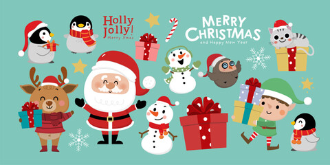 Santa Claus, deer, snowman, owl, penguin, elf, cat and xmas gift. Animal in winter costume and Christmas cartoon character. -Vector - obrazy, fototapety, plakaty