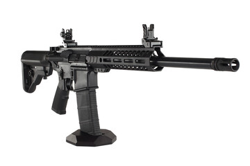 AR15 carbine, modern automatic black rifle isolated on white background. Weapons for police,...