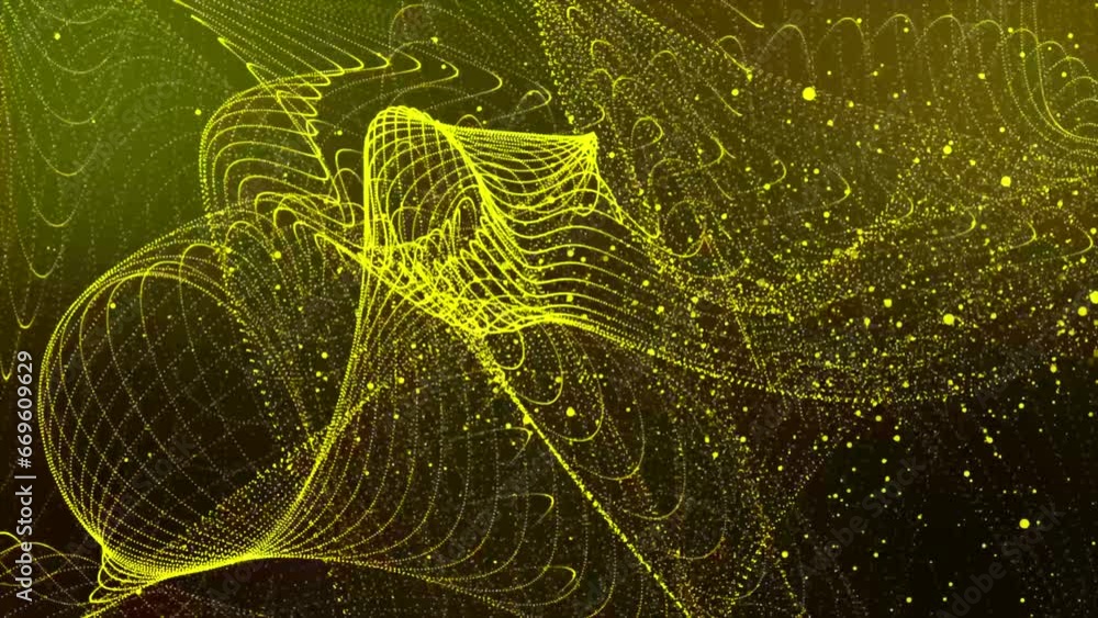 Poster yellow color abstract dots or particle backgrounds. 3d rendering of bright glowing purple distorted 