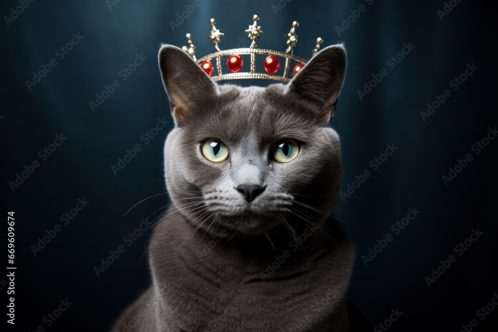 Poster russian blue cat with 2023 tiara for new year background with empty space for text