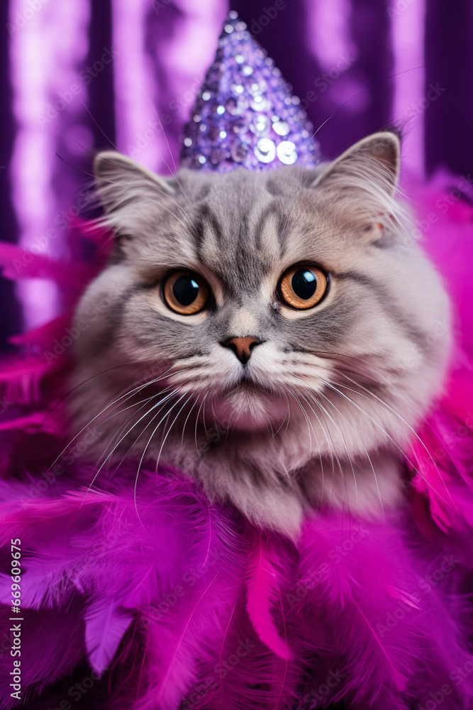 Poster scottish fold cat in new years mask and feather boa background with empty space for text