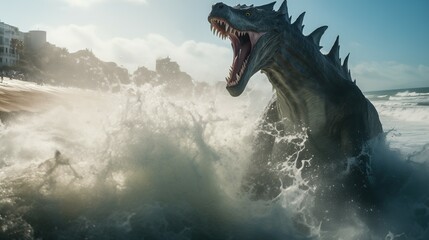 Obraz premium Monstrous Surrealism: Terrifying Arrival of Dinosaur Monster in a City from the Ocean, Generative AI