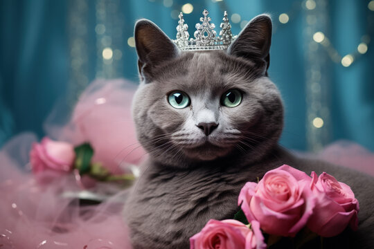 Russian Blue cat adorned with sparkling 2023 tiara for New Years celebration 