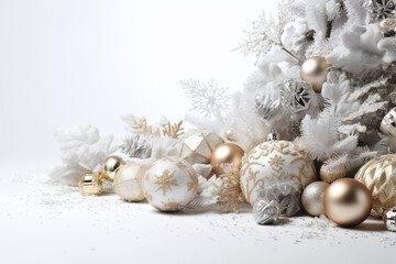 Fototapeta na wymiar Christmas branch with balls, confetti and on white background