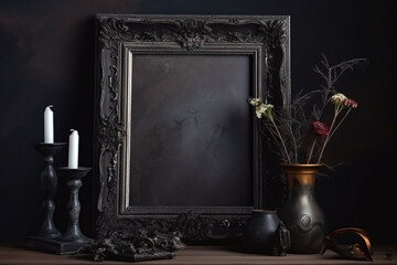 Black frame on a black shelf with black branches and Halloween decor. Portrait frame on a black wall background. Copy space.