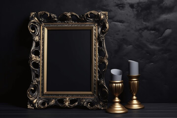 Black frame on a black shelf with Halloween decor. Portrait frame on a black wall background. Copy space.