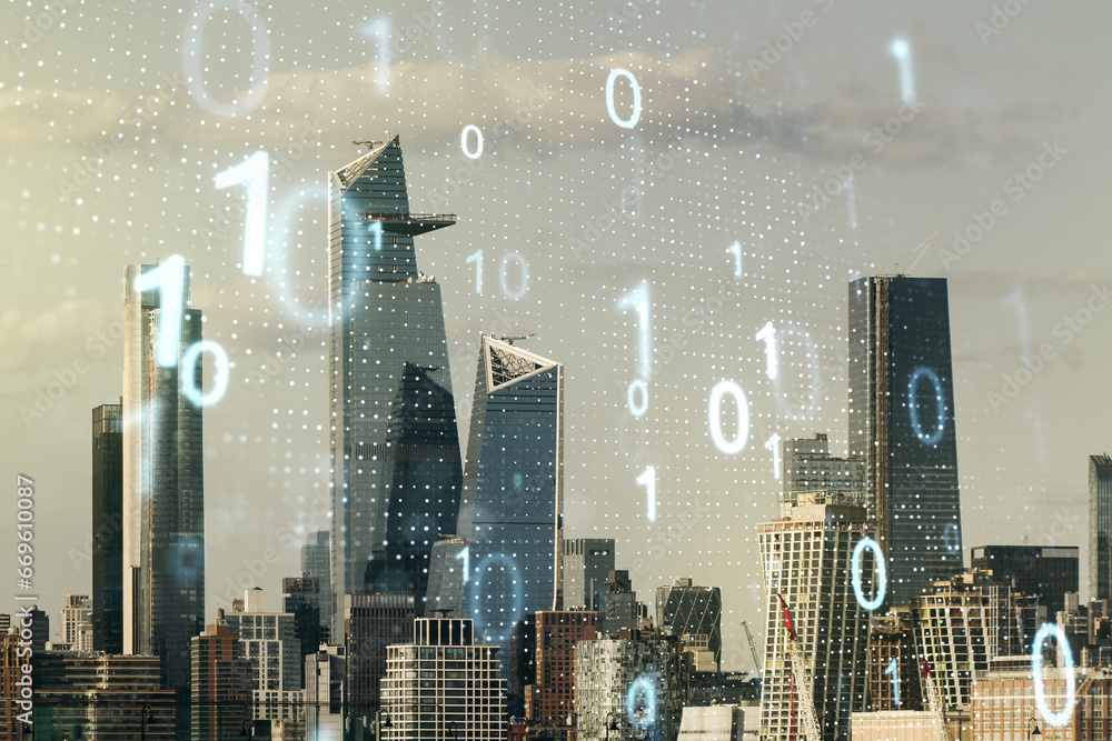 Leinwandbilder abstract virtual binary code sketch on manhattan office buildings background, hacking and matrix con