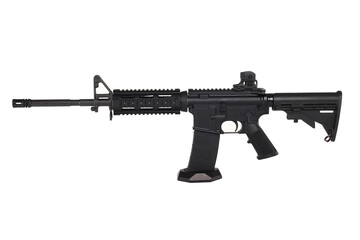 AR15 carbine, modern automatic black rifle isolated on white background. Weapons for police, special forces and the army.