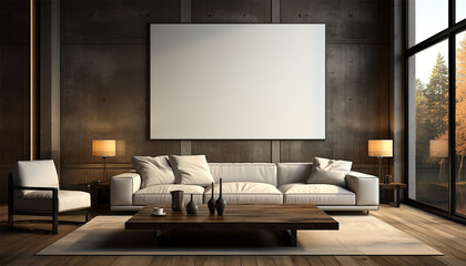 Stylish interior of living room with design modular sofa, furniture, wooden coffee table, rattan decoration, mock up picture frame, pillow, dried flowers and elegant accessories in modern home decor.